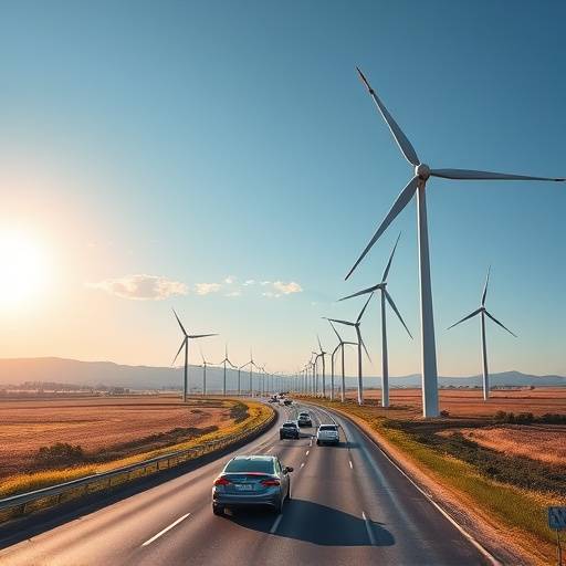 Wind turbine farm along a highway with cars